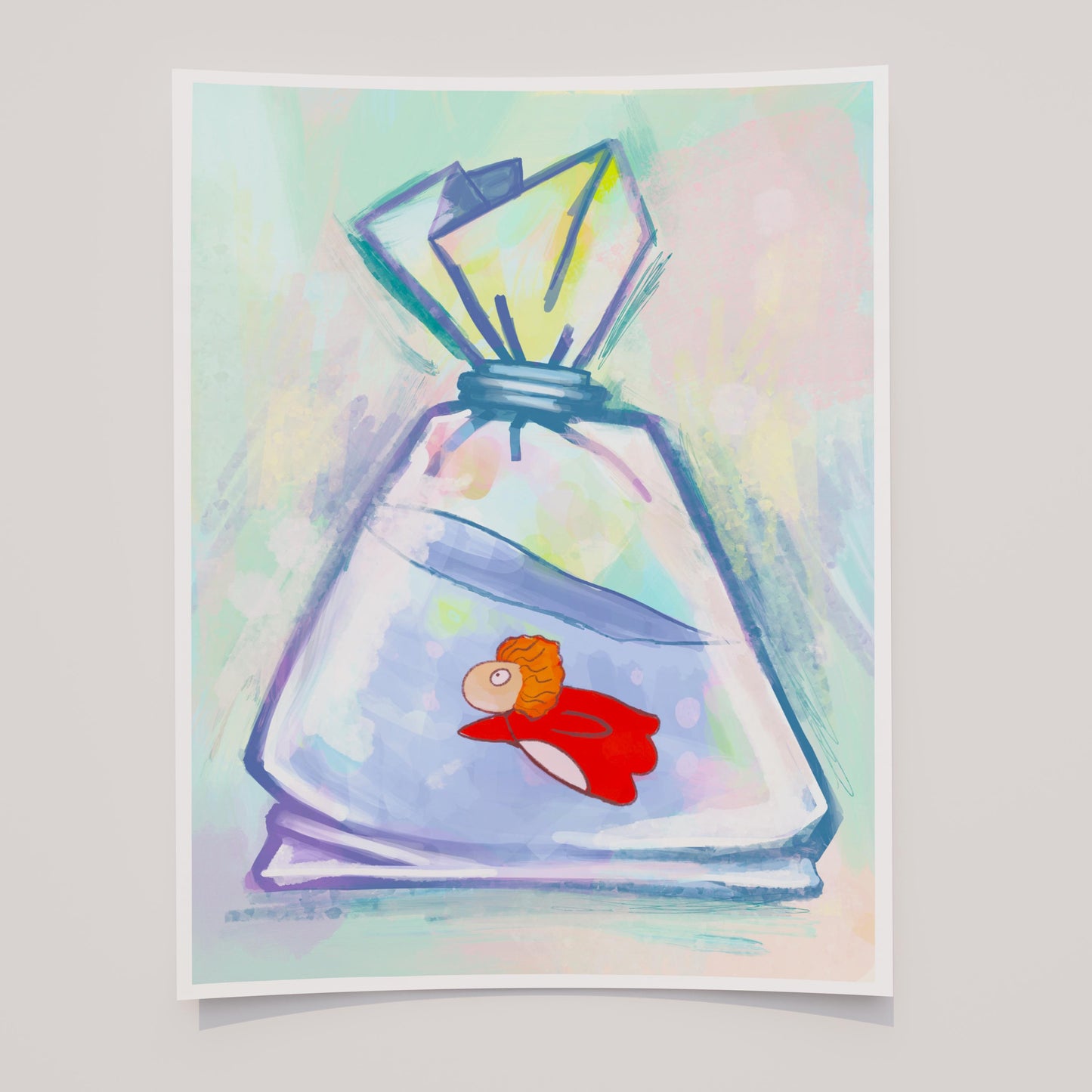 Ponyo-Inspired Watercolor Print – Whimsical Goldfish in a Bag Illustration