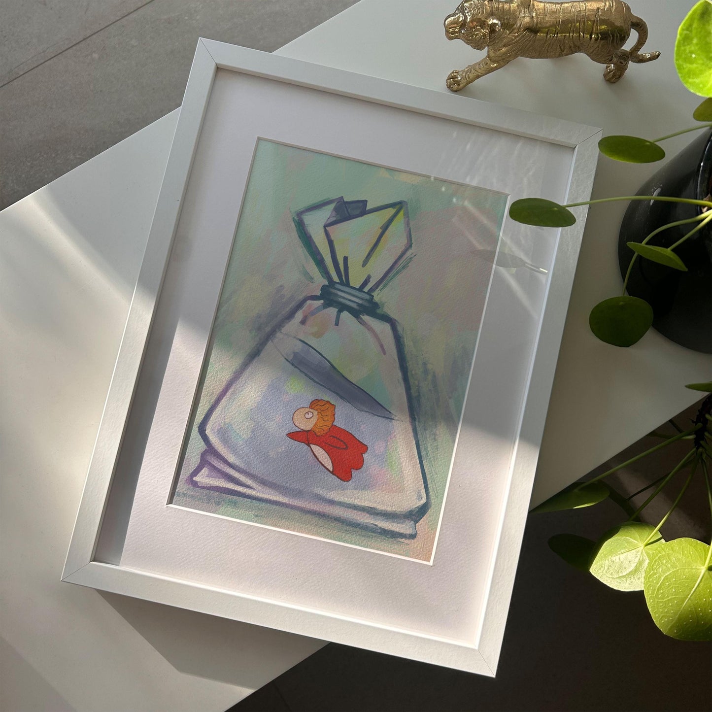 Ponyo-Inspired Watercolor Print – Whimsical Goldfish in a Bag Illustration