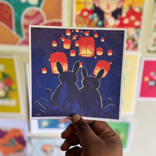 Lantern Festival Bunny Print – Night Sky Silhouette Art | Whimsical Bunny Wall Decor | Cute Night Scene Print | Square Art for Bedroom