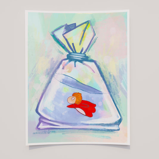 Ponyo-Inspired Watercolor Print – Whimsical Goldfish in a Bag Illustration