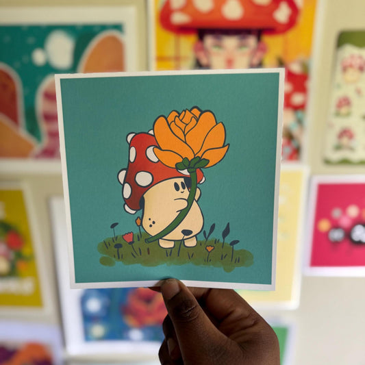 Mushroom Scout Art Print – Cute Forest Creature Holding a Flower | Whimsical Nature Illustration | Cottagecore Wall Art | 6x6 Square Print